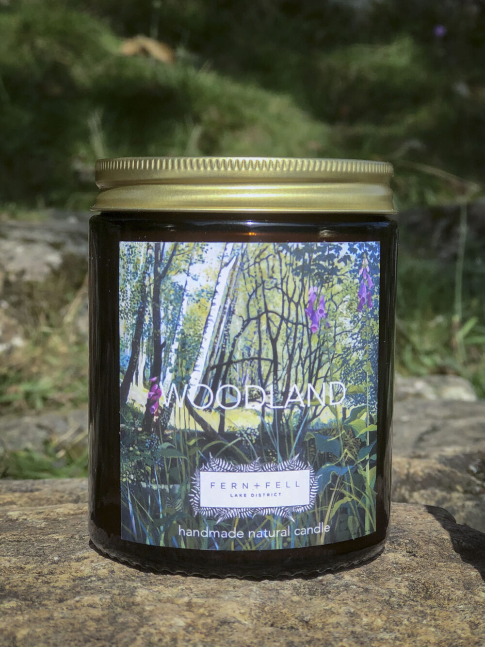 WOODLAND candle by Fern & Fell, featuring Libby Edmondson artwork – Foxgloves in Tarn Hows Woods
