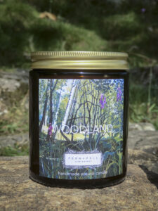 WOODLAND candle by Fern & Fell, featuring Libby Edmondson artwork – Foxgloves in Tarn Hows Woods